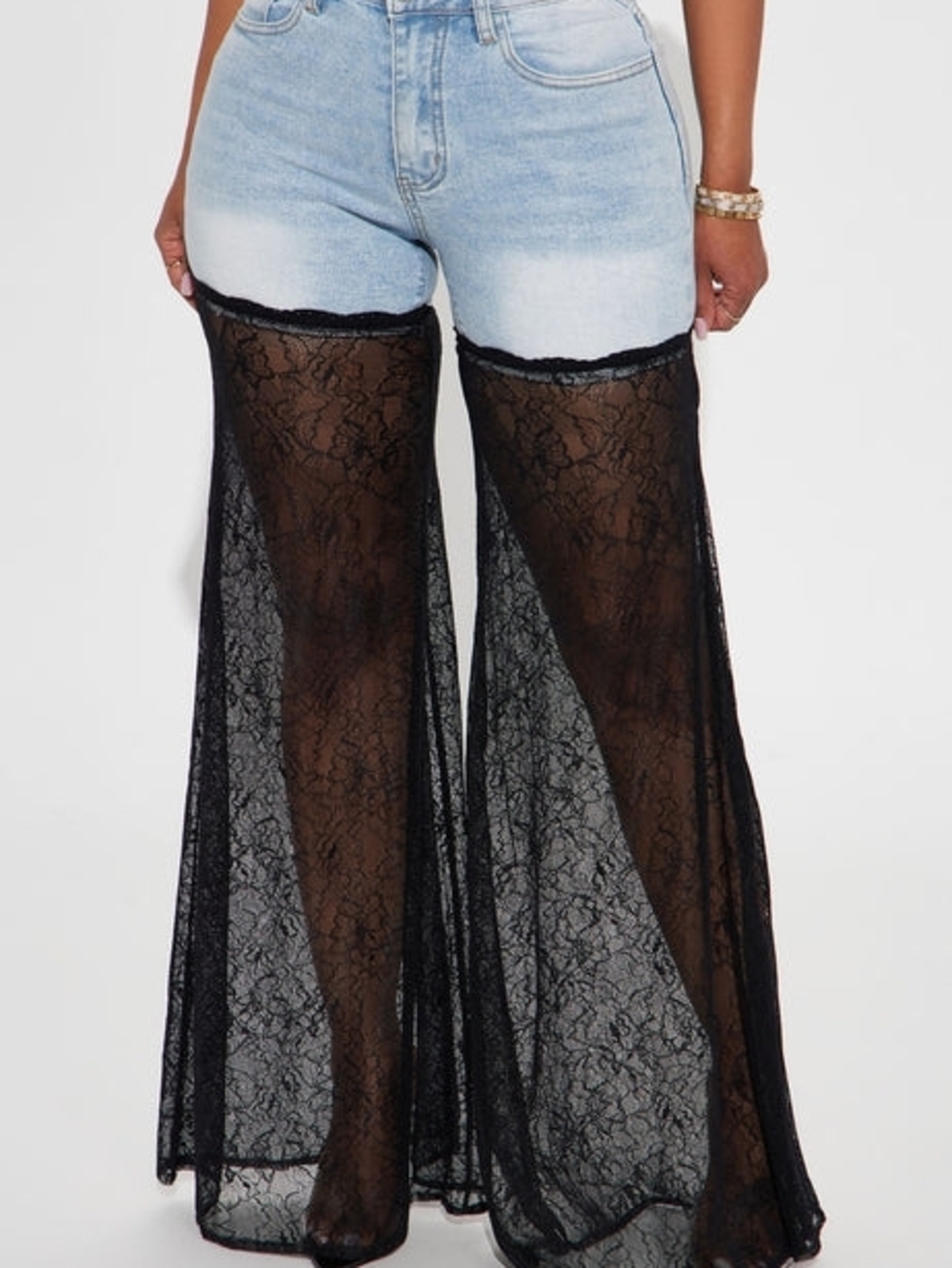 Fashion Nova Light Wash Denim Jeans with Black Lace Bell-Bottom Panels